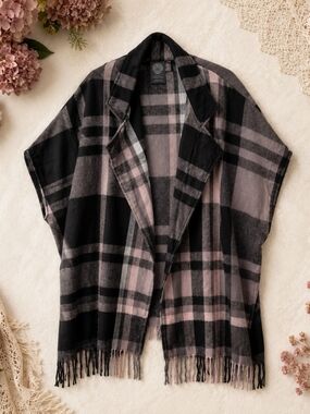 Plaid Open-Front Wrap Cape in Black and Dusty Pink